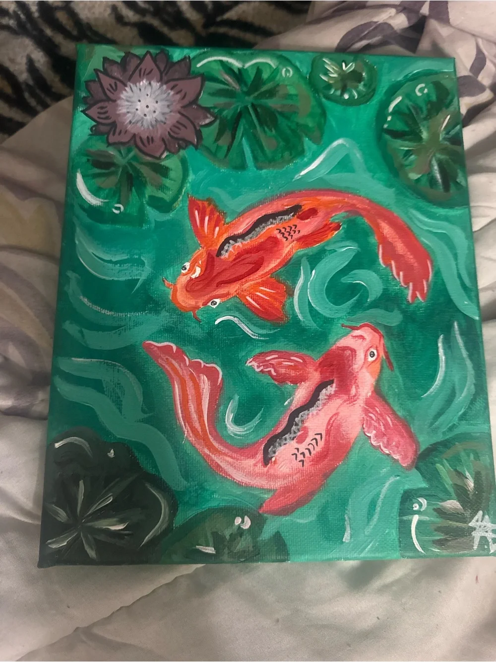 Hand-Painted Koi Fish Wall Art - Pink and Orange on Teal